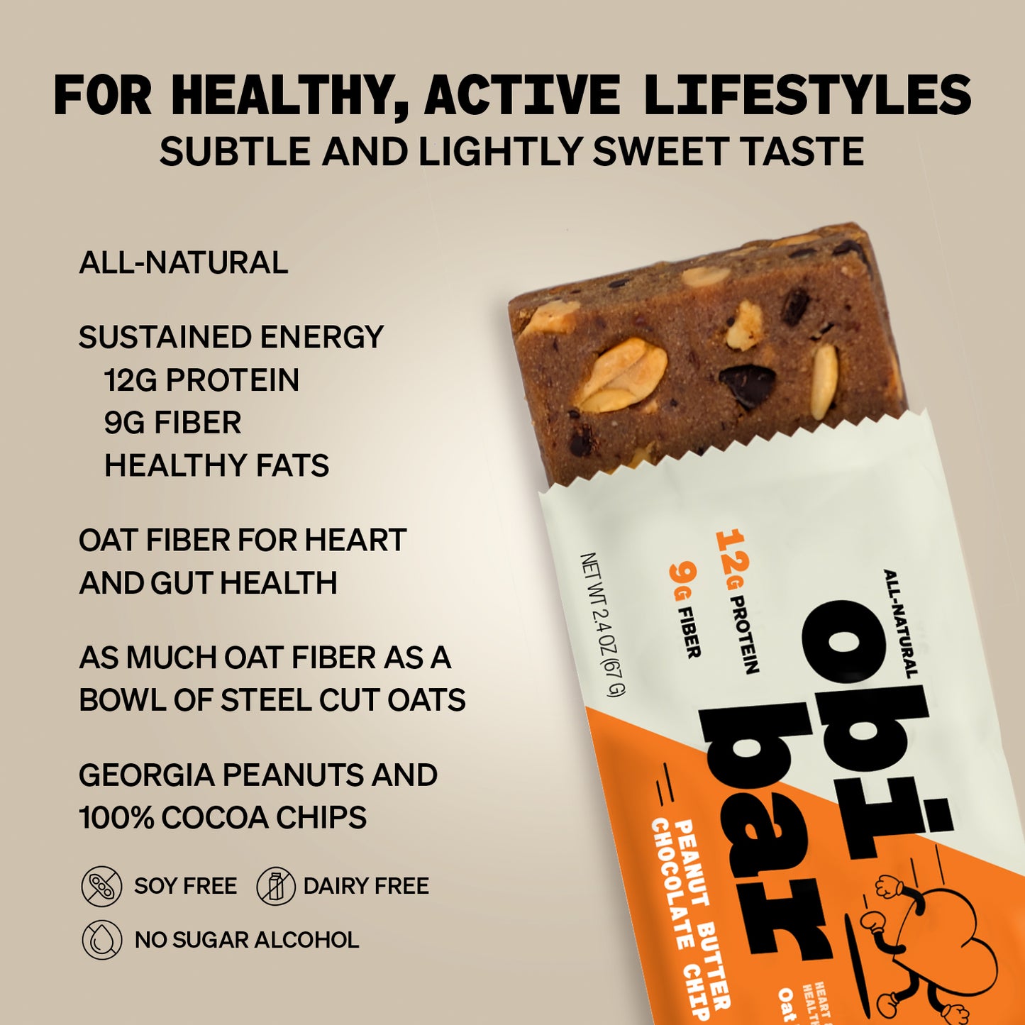 Obi Bar PB Choco Chip - Protein and Oat Fiber Bar | All-Natural, Sustained Energy | Lightly Sweet Taste | 100% Cocoa Chips, Georgia Peanuts | MADE WITH AVOCADO OIL | Egg White Protein | Soy Free, Dairy Free, No Sugar Alcohol, No Seed Oils | 12 Pack