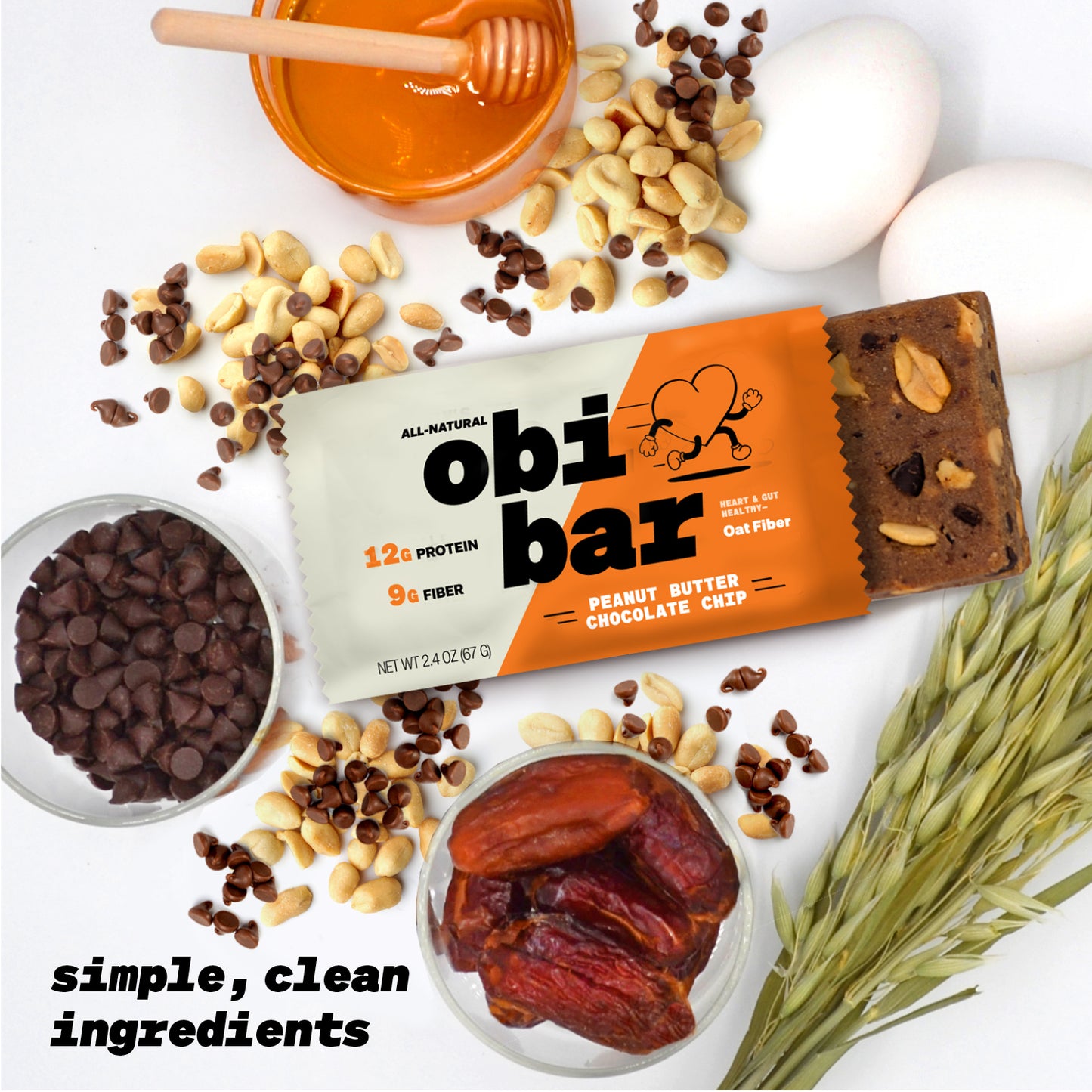 Obi Bar PB Choco Chip - Protein and Oat Fiber Bar | All-Natural, Sustained Energy | Lightly Sweet Taste | 100% Cocoa Chips, Georgia Peanuts | MADE WITH AVOCADO OIL | Egg White Protein | Soy Free, Dairy Free, No Sugar Alcohol, No Seed Oils | 12 Pack