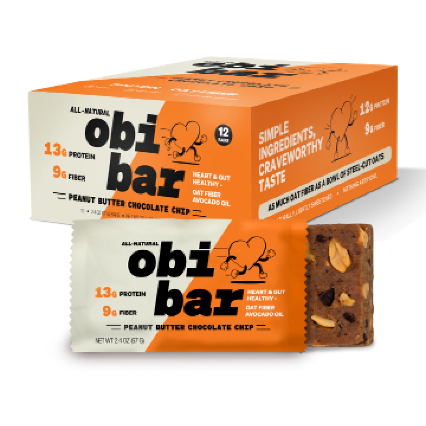 Obi Bar PB Choco Chip - Protein and Oat Fiber Bar | All-Natural, Sustained Energy | Lightly Sweet Taste | 100% Cocoa Chips, Georgia Peanuts | MADE WITH AVOCADO OIL | Egg White Protein | Soy Free, Dairy Free, No Sugar Alcohol, No Seed Oils | 12 Pack