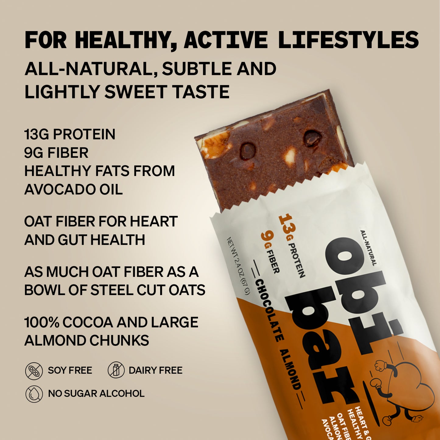 Obi Bar Chocolate Almond - Protein and Oat Fiber Bar | All-Natural | Sustained Energy | Lightly Sweet Taste | 100% Cocoa, Almond Chunks | MADE WITH AVOCADO OIL | Egg White Protein | Soy Free, Dairy Free, No Sugar Alcohol, No Seed Oils | 12 Pack