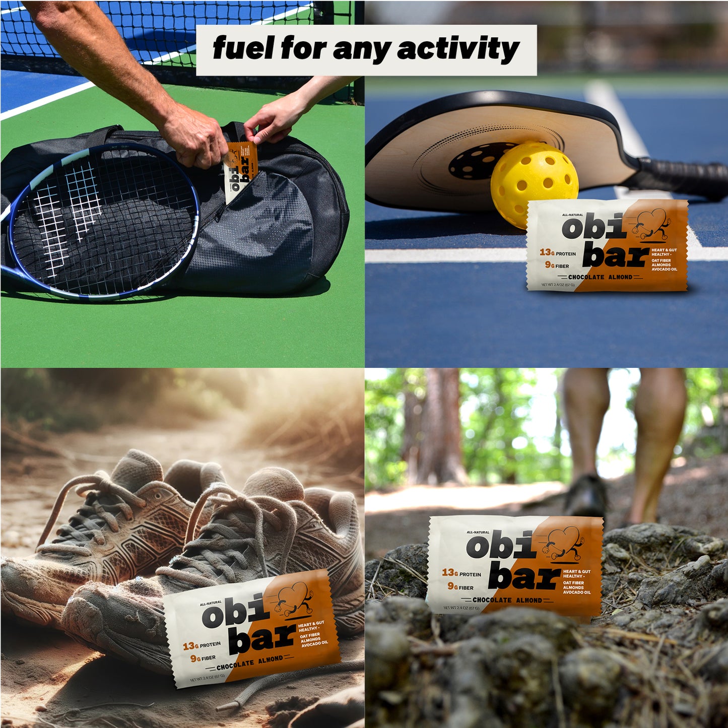 Obi Bar Chocolate Almond - Protein and Oat Fiber Bar | All-Natural | Sustained Energy | Lightly Sweet Taste | 100% Cocoa, Almond Chunks | MADE WITH AVOCADO OIL | Egg White Protein | Soy Free, Dairy Free, No Sugar Alcohol, No Seed Oils | 12 Pack