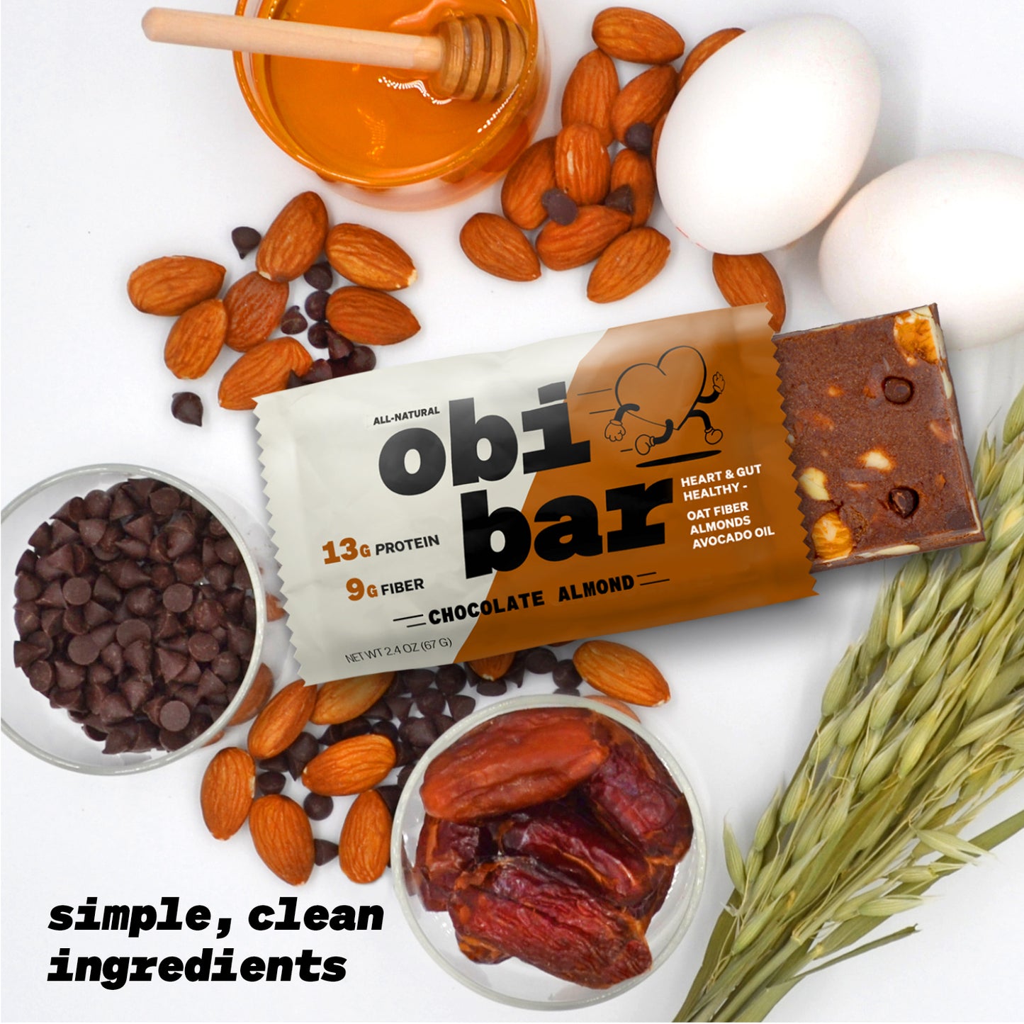 Obi Bar Chocolate Almond - Protein and Oat Fiber Bar | All-Natural | Sustained Energy | Lightly Sweet Taste | 100% Cocoa, Almond Chunks | MADE WITH AVOCADO OIL | Egg White Protein | Soy Free, Dairy Free, No Sugar Alcohol, No Seed Oils | 12 Pack