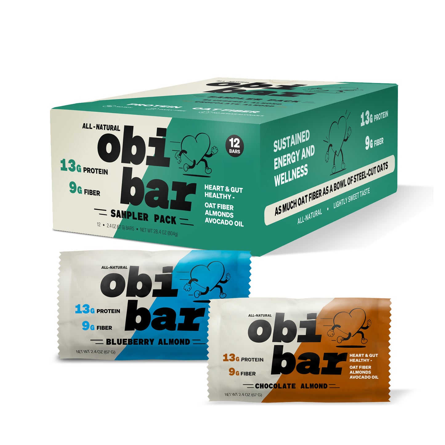 Obi Bar Sampler - Protein and Oat Fiber Bar | All-Natural, Sustained Energy | Lightly Sweet Taste | 6 Chocolate Almond and 6 Blueberry Almond | MADE WITH AVOCADO OIL | Egg White Protein | Soy Free, Dairy Free, No Sugar Alcohol, No Seed Oils | 12 Pack