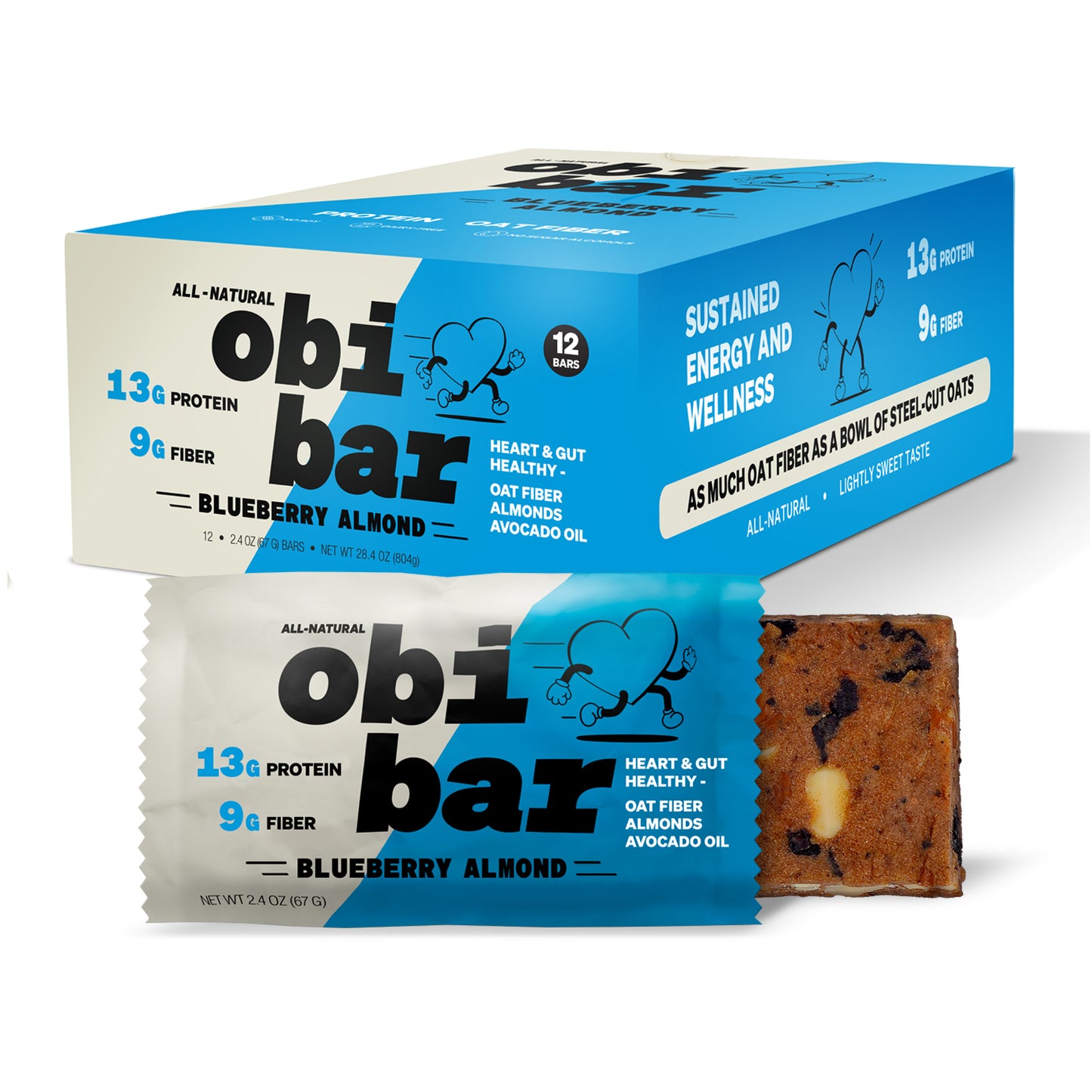 Obi Bar Blueberry Almond - Protein and Oat Fiber Bar | All-Natural, Sustained Energy | Lightly Sweet Taste | Michigan Blueberries, Almond Chunks | MADE WITH AVOCADO OIL | Egg White Protein | Soy Free, Dairy Free, No Sugar Alcohol, No Seed Oils | 12 Pack