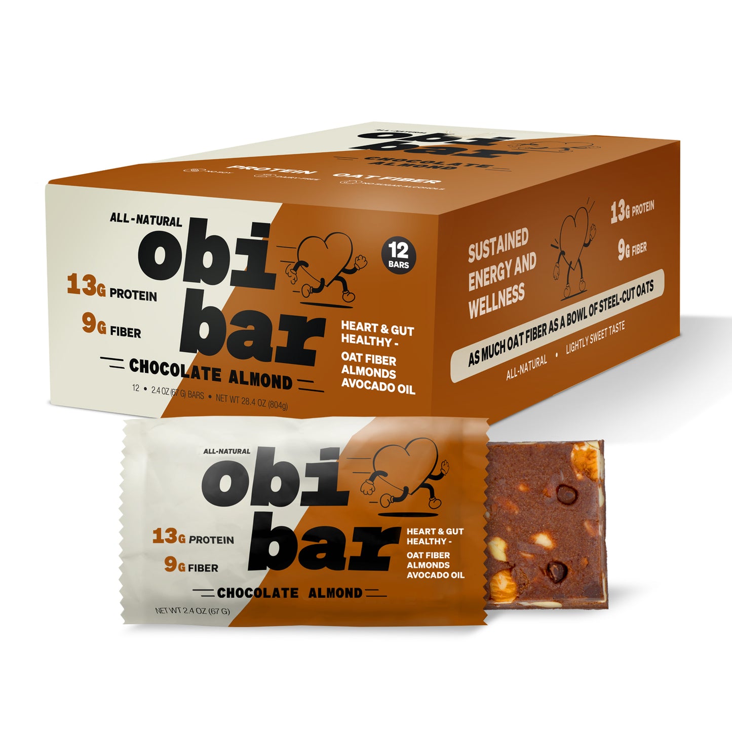 Obi Bar Chocolate Almond - Protein and Oat Fiber Bar | All-Natural | Sustained Energy | Lightly Sweet Taste | 100% Cocoa, Almond Chunks | MADE WITH AVOCADO OIL | Egg White Protein | Soy Free, Dairy Free, No Sugar Alcohol, No Seed Oils | 12 Pack