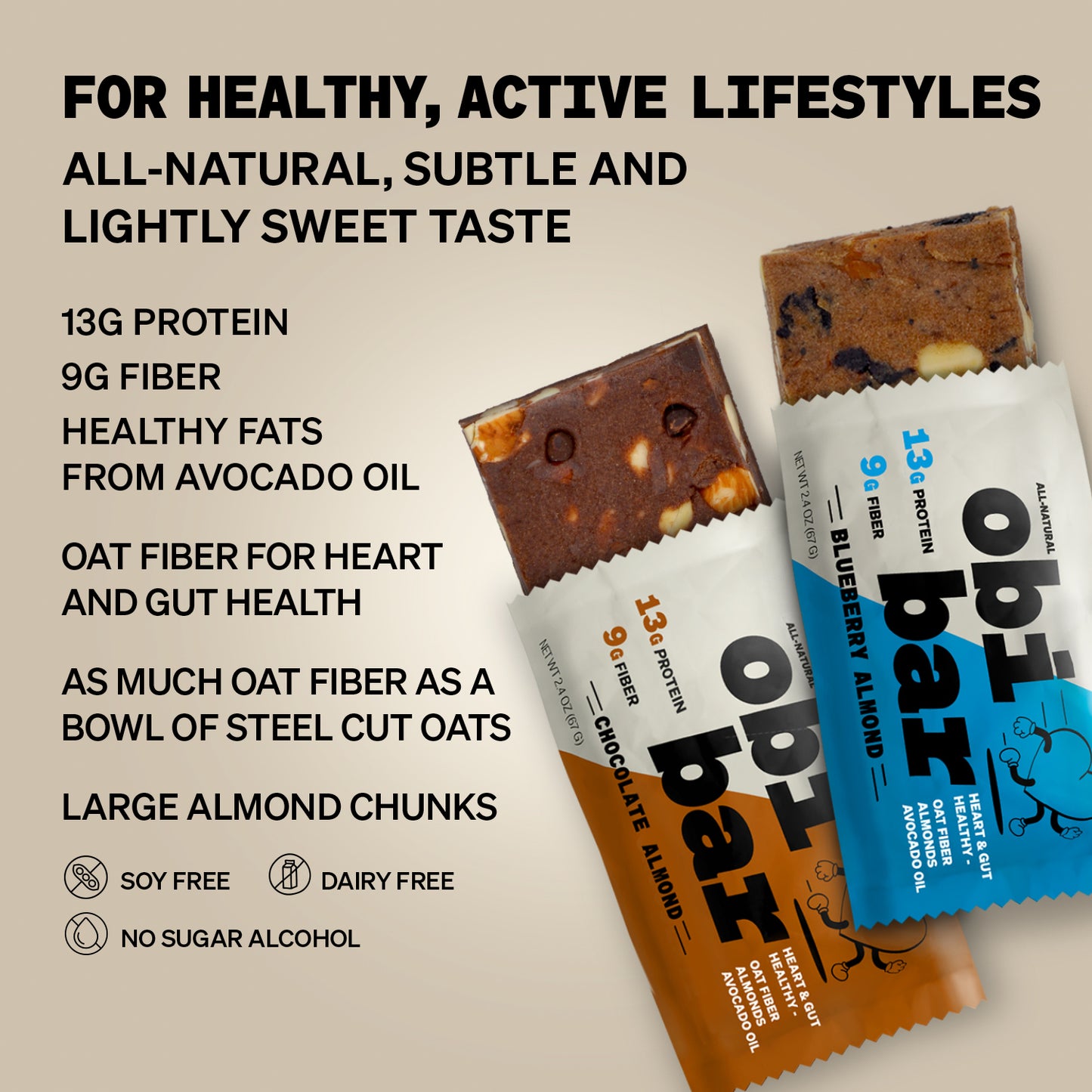 Obi Bar Sampler - Protein and Oat Fiber Bar | All-Natural, Sustained Energy | Lightly Sweet Taste | 6 Chocolate Almond and 6 Blueberry Almond | MADE WITH AVOCADO OIL | Egg White Protein | Soy Free, Dairy Free, No Sugar Alcohol, No Seed Oils | 12 Pack