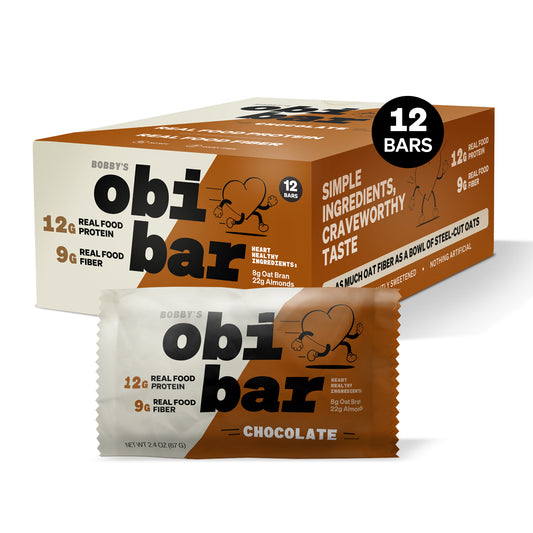 Picture shows high protein fiber bar with dark, chocolate 100% cocoa.  It has oat fiber high and whole food proteins. Obi bar is a filling, healthy snack or meal replacement bar.  It is soy free, dairy free and no artificial flavors.