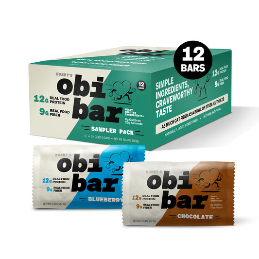 Picture shows high protein fiber bars.  The blueberry bar has blueberries with antioxidants. The chocolate bars has dark, chocolate 100% cocoa.  It has oat fiber high and whole food proteins. Obi bar is a filling, healthy snack or meal replacement bar. It is soy free, dairy free and no artificial flavors.