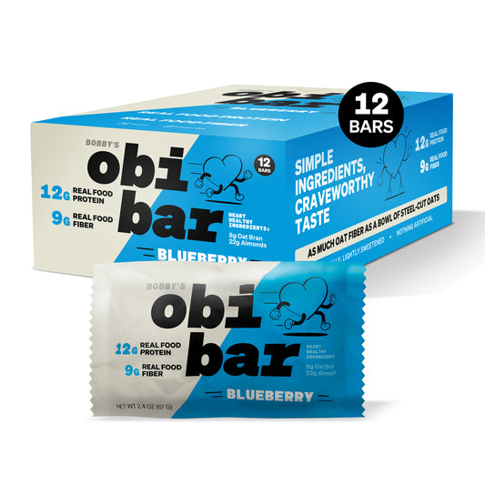 Picture shows high protein fiber blueberry bar with antioxidant blueberries.  It has oat fiber high and whole food proteins. Obi bar is a filling, healthy snack or meal replacement bar.  It is soy free, dairy free and no artificial flavors.